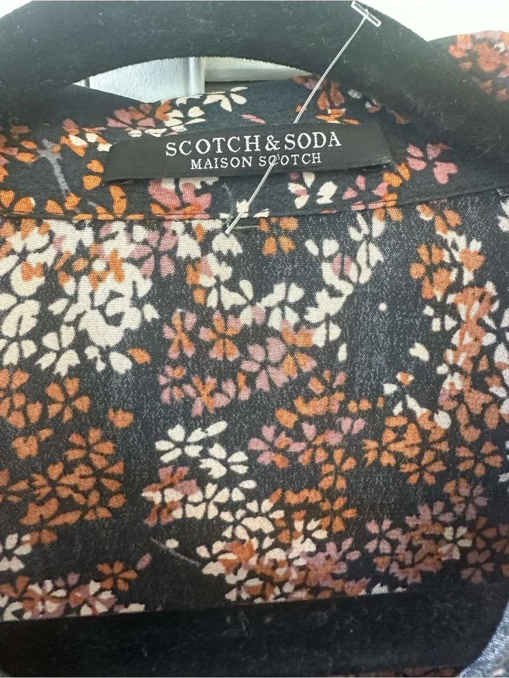 Scotch & Soda Black Floral Button-Front Long Sleeve Dress with Rust Accents